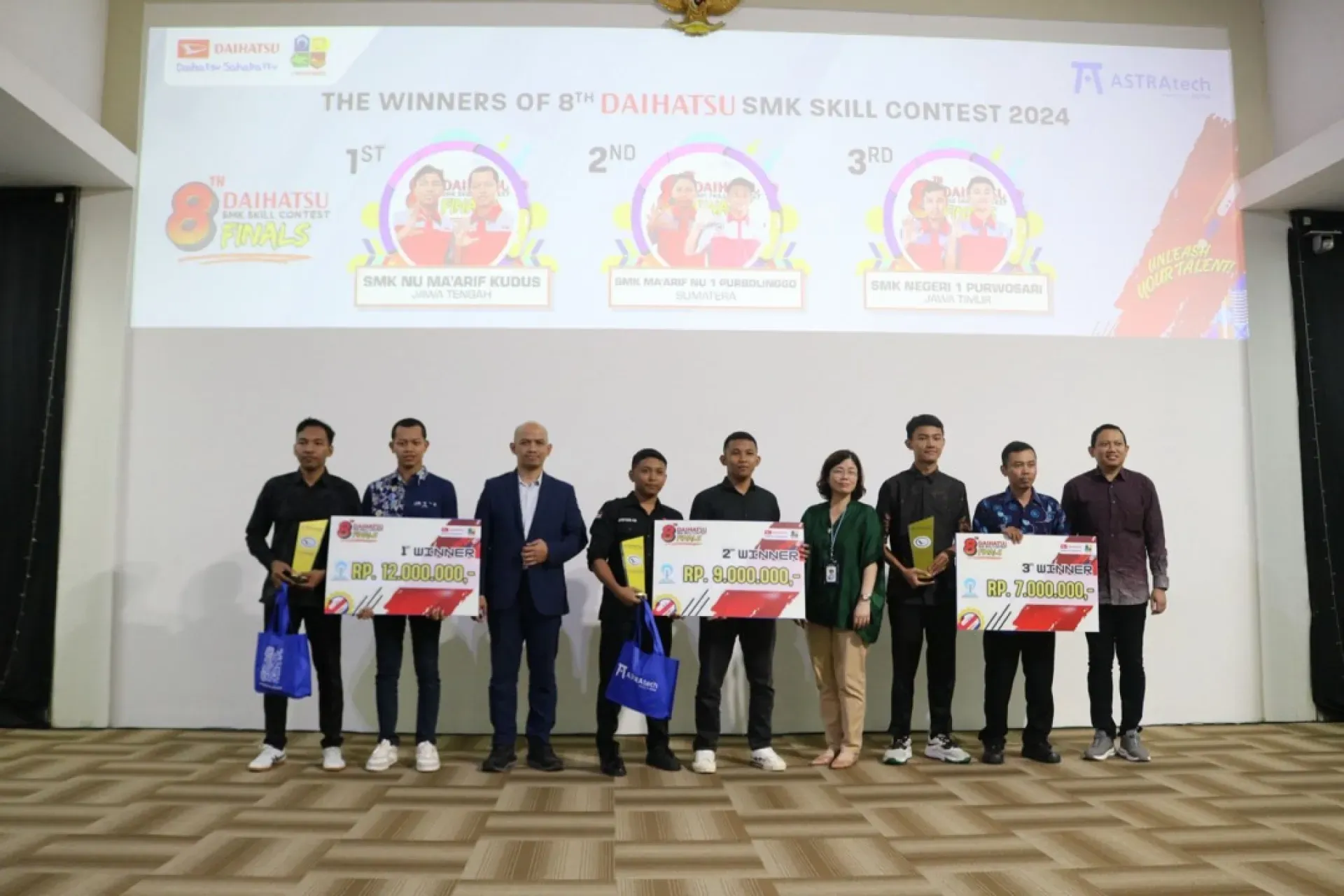 Para Juara Daihatsu National Smk Skill Contest Ke 8 Tahun 2024 Yang Lalu  Juara 1 Smk Nu Ma'arif Kudus, Juara 2 Smk Ma'arif Nu 1 Porbolinggo, Juara 3 Smk Negeri 1 Purwosari 1